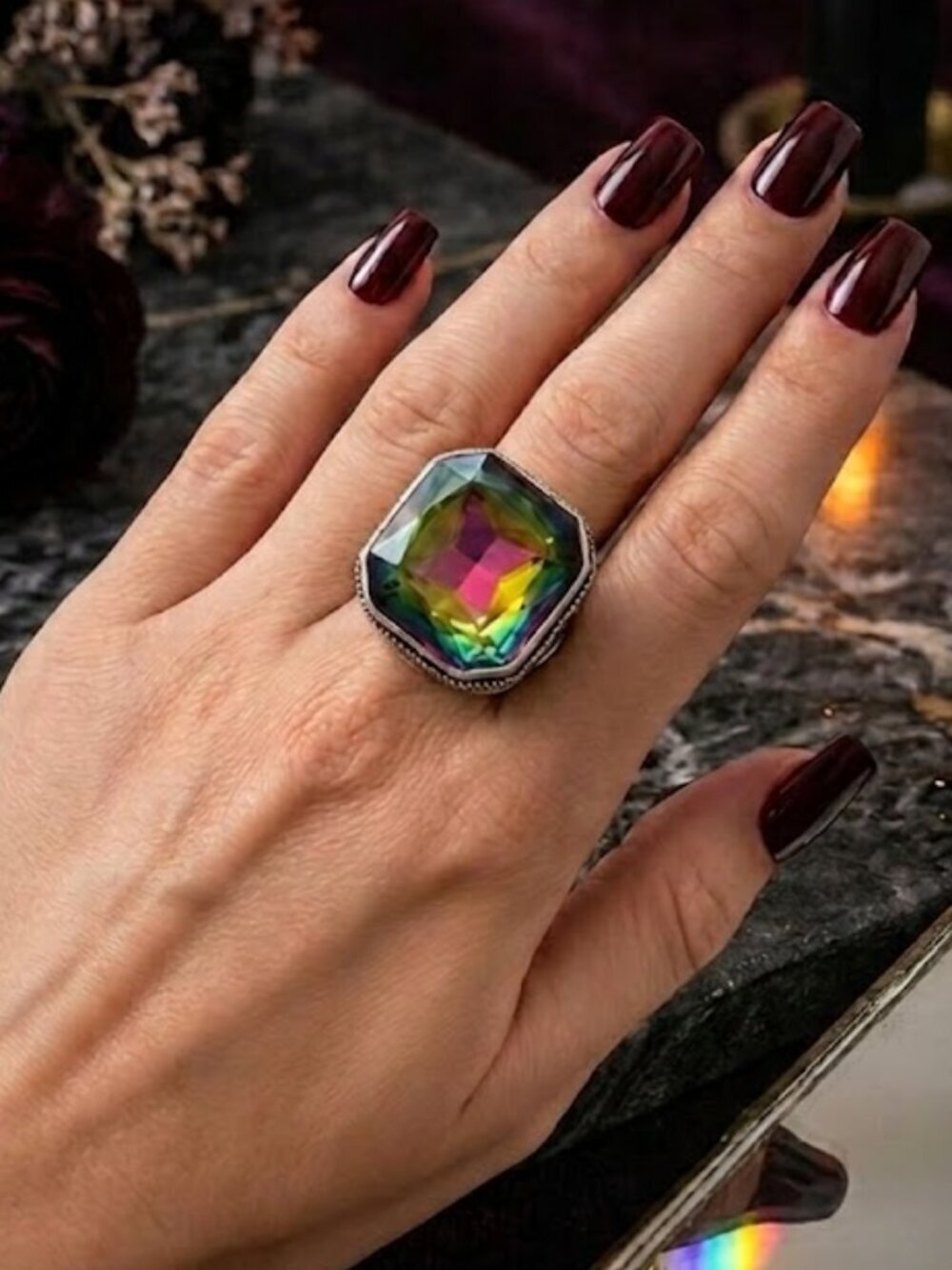 925 Sterling Silver Rainbow Crystal Filigree Statement Ring Whimsigoth Mob Wife