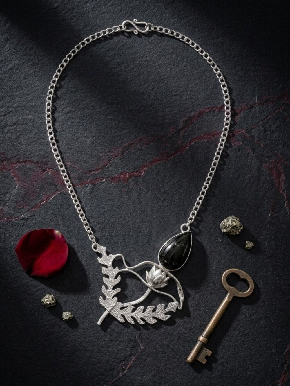 925 Sterling Silver Black Rutile Fern Botanical Necklace Whimsigoth Dark Gothic