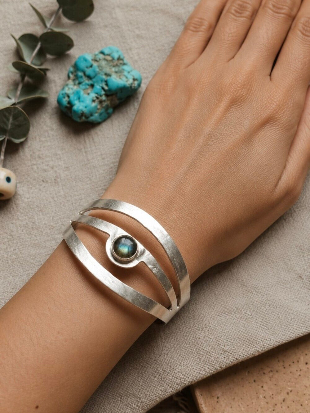 Sterling Silver 925 Labradorite Cuff Bracelet Sculptural Open Boho 2.4" Diameter - NeoKira Unlimited