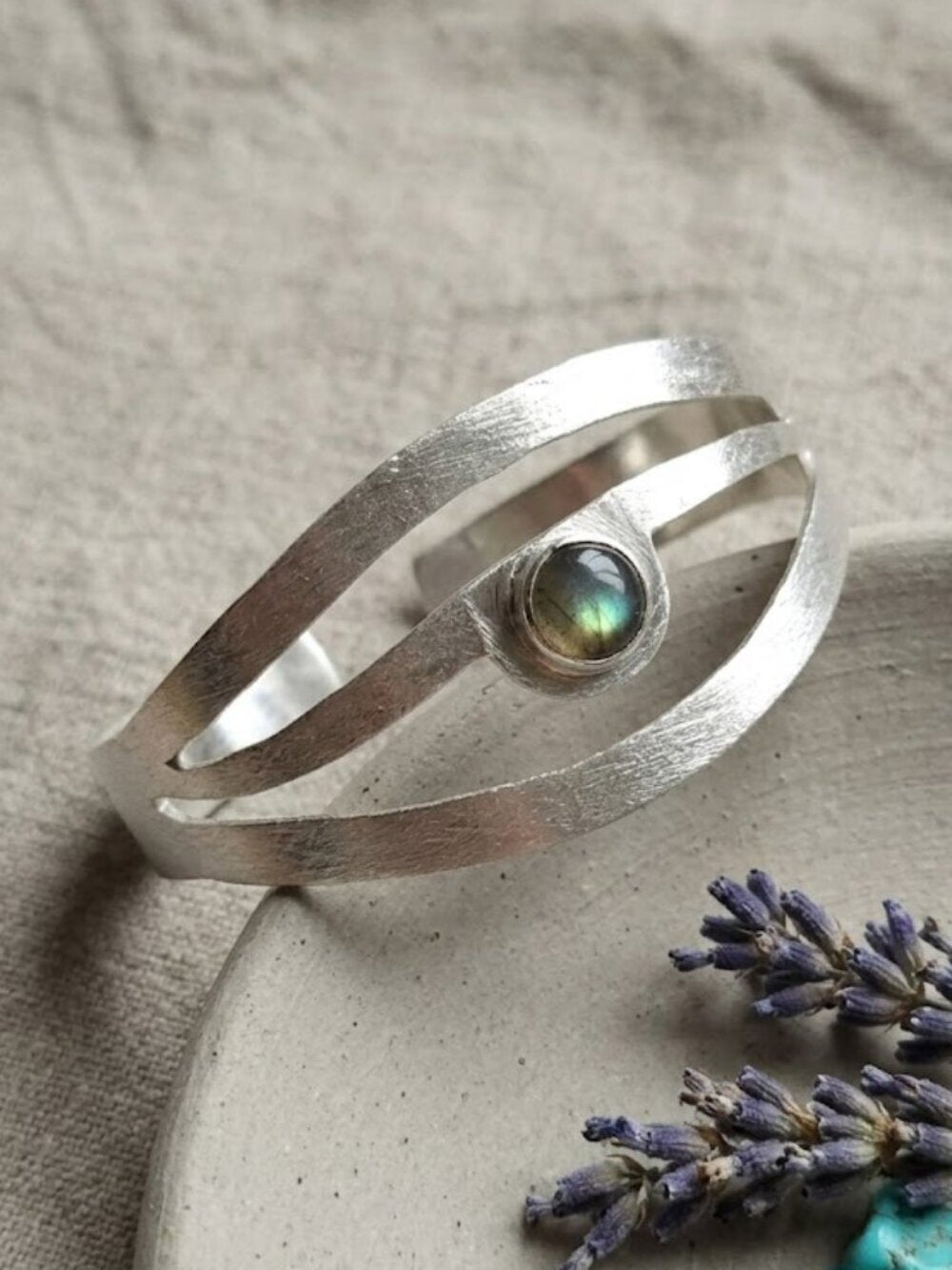 Sterling Silver 925 Labradorite Cuff Bracelet Sculptural Open Boho 2.4" Diameter - NeoKira Unlimited