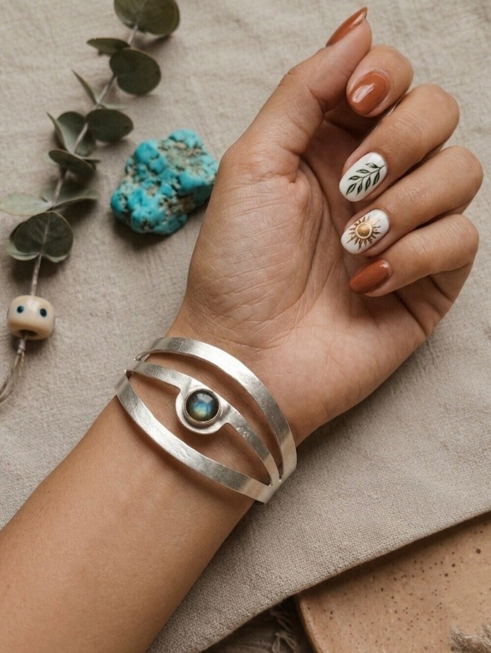 Sterling Silver 925 Labradorite Cuff Bracelet Sculptural Open Boho 2.4" Diameter - NeoKira Unlimited
