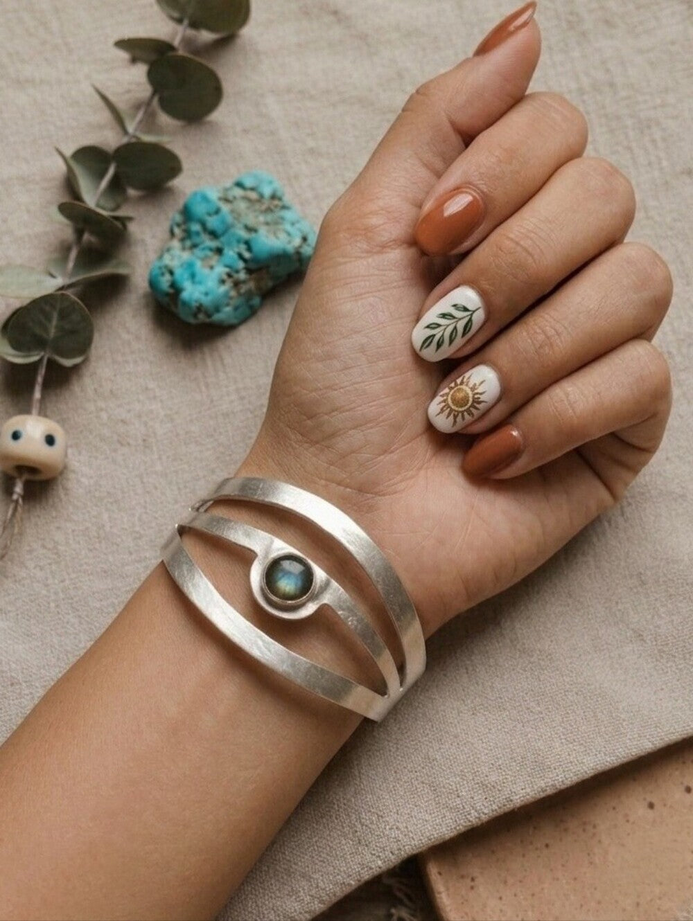 Sterling Silver 925 Labradorite Cuff Bracelet Sculptural Open Boho 2.4" Diameter - NeoKira Unlimited