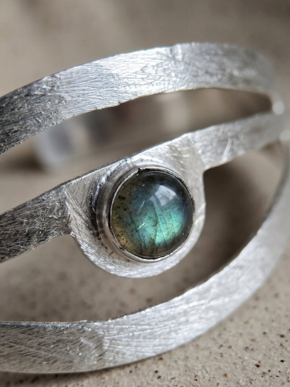 Sterling Silver 925 Labradorite Cuff Bracelet Sculptural Open Boho 2.4" Diameter - NeoKira Unlimited