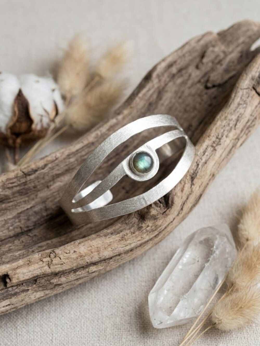 Sterling Silver 925 Labradorite Cuff Bracelet Sculptural Open Boho 2.4" Diameter - NeoKira Unlimited