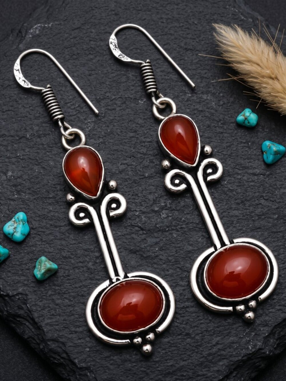 Carnelian Earrings 925 Sterling Silver Drop Dangle Artisan Two Stone Boho 2.3" - NeoKira Unlimited