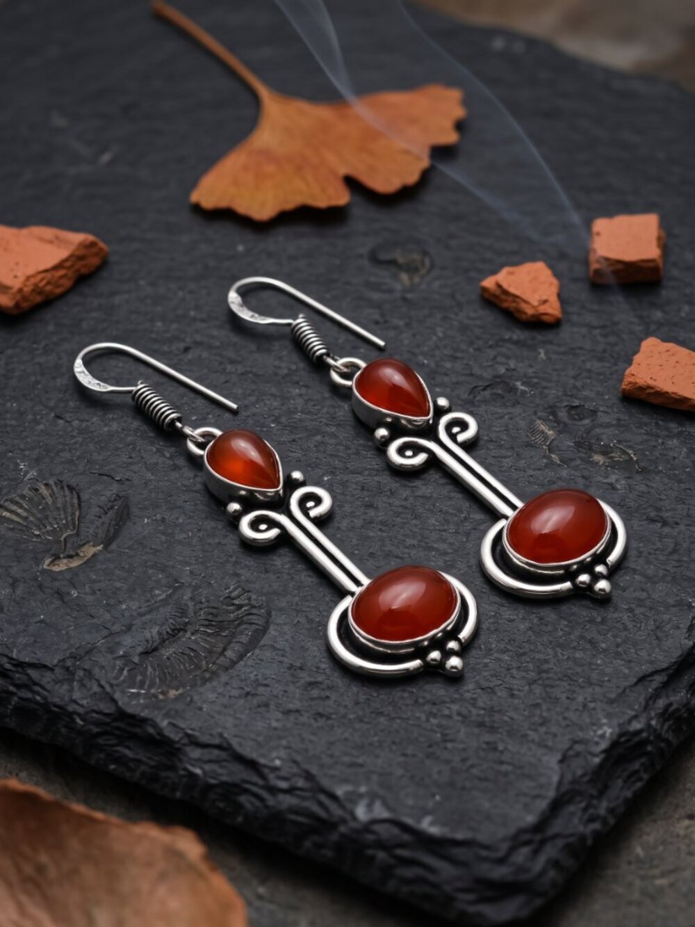 Carnelian Earrings 925 Sterling Silver Drop Dangle Artisan Two Stone Boho 2.3" - NeoKira Unlimited