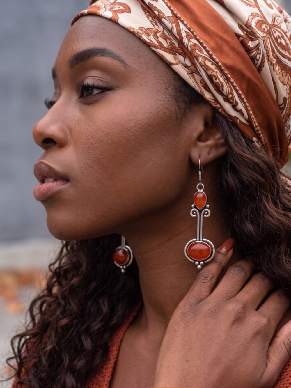 Carnelian Earrings 925 Sterling Silver Drop Dangle Artisan Two Stone Boho 2.3" - NeoKira Unlimited