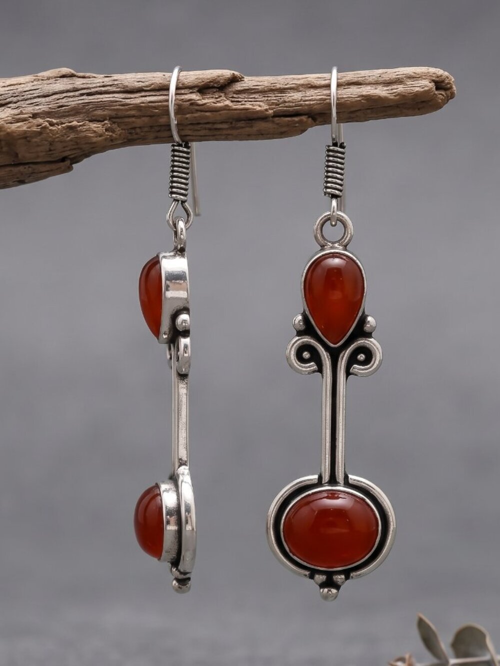 Carnelian Earrings 925 Sterling Silver Drop Dangle Artisan Two Stone Boho 2.3" - NeoKira Unlimited