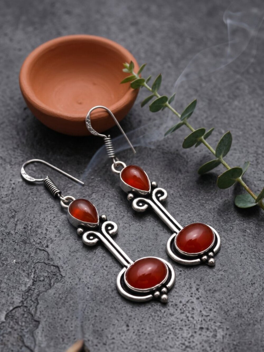 Carnelian Earrings 925 Sterling Silver Drop Dangle Artisan Two Stone Boho 2.3" - NeoKira Unlimited
