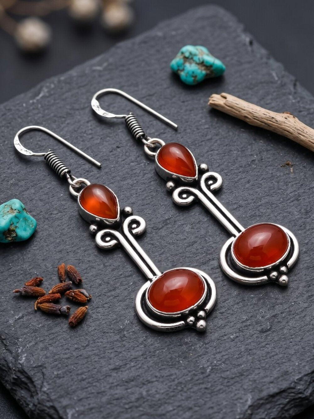 Carnelian Earrings 925 Sterling Silver Drop Dangle Artisan Two Stone Boho 2.3" - NeoKira Unlimited