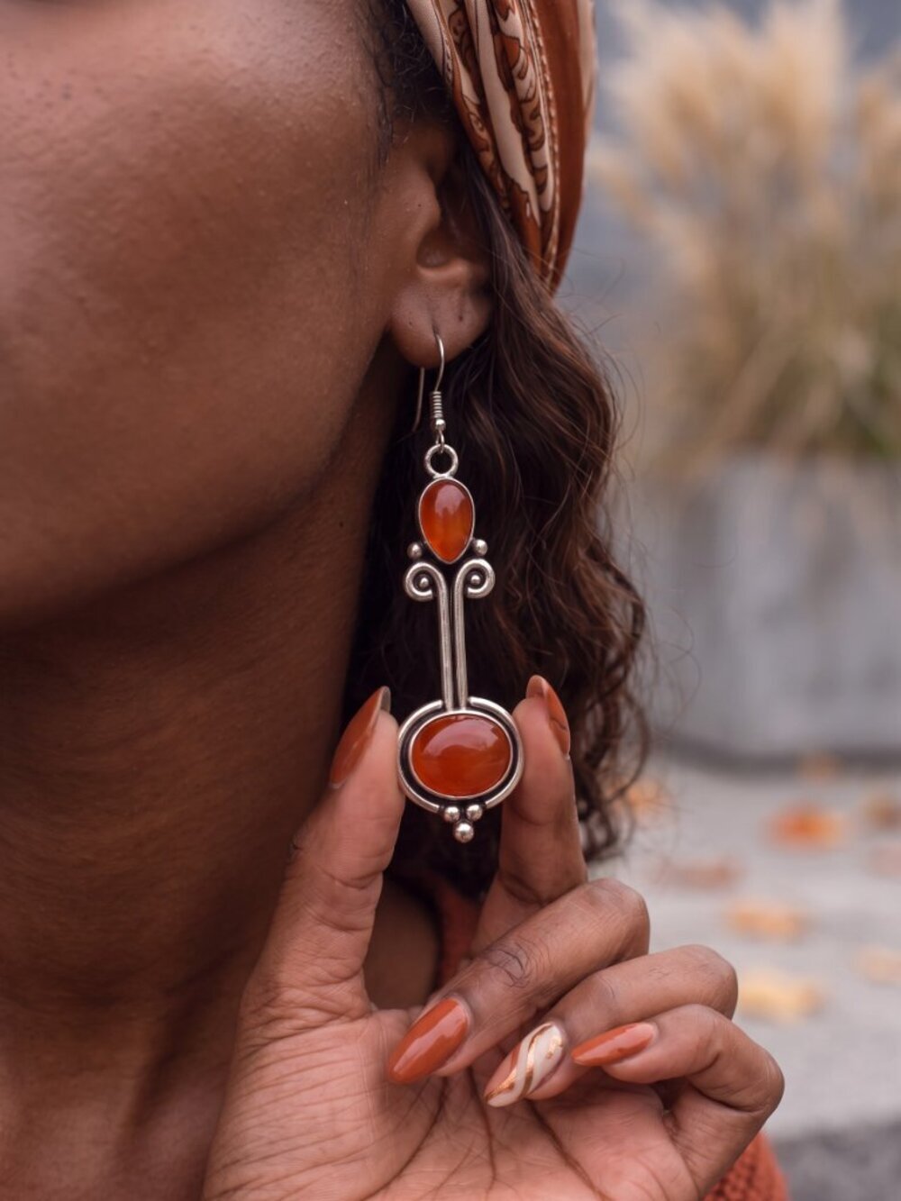 Carnelian Earrings 925 Sterling Silver Drop Dangle Artisan Two Stone Boho 2.3" - NeoKira Unlimited