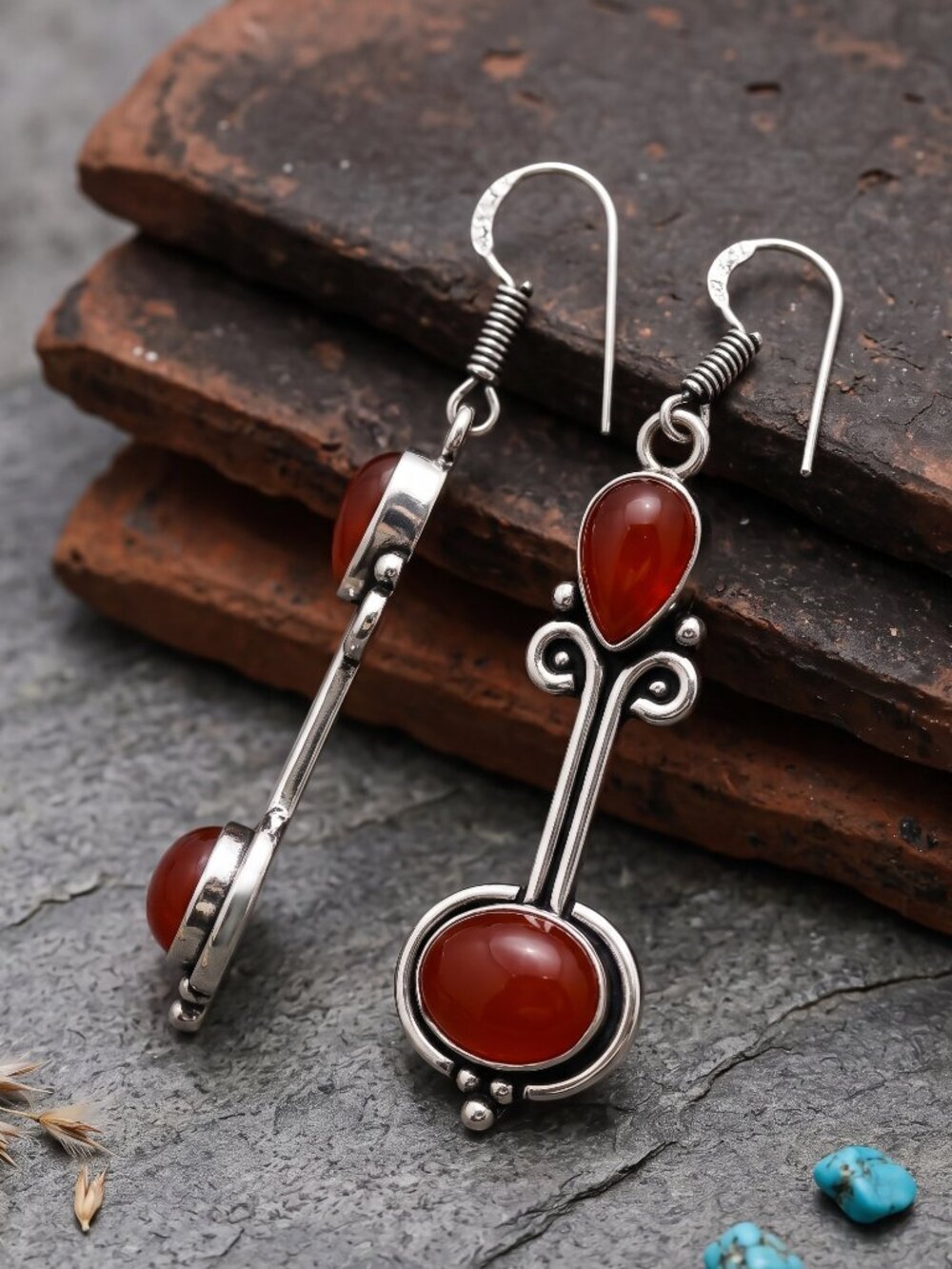 Carnelian Earrings 925 Sterling Silver Drop Dangle Artisan Two Stone Boho 2.3" - NeoKira Unlimited