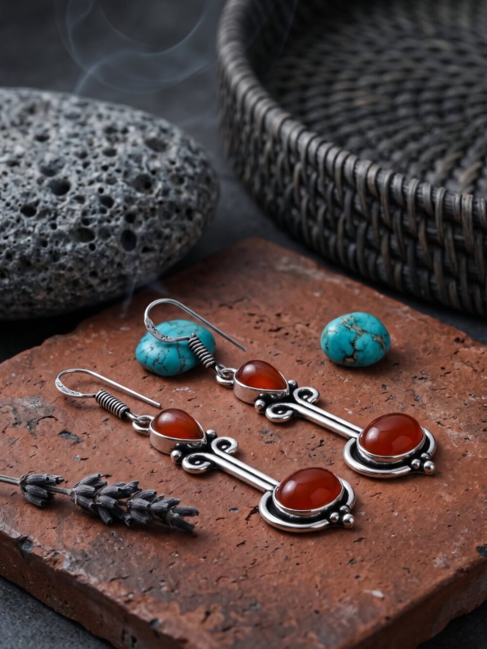 Carnelian Earrings 925 Sterling Silver Drop Dangle Artisan Two Stone Boho 2.3" - NeoKira Unlimited