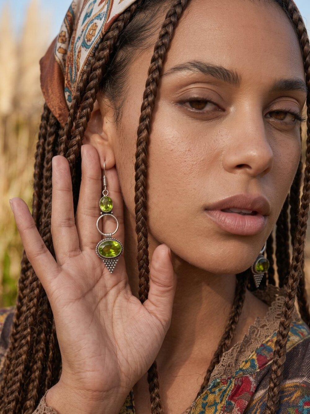 925 Sterling Silver Genuine Peridot Artisan Dangle Earrings Green Drop 2.5" - NeoKira Unlimited