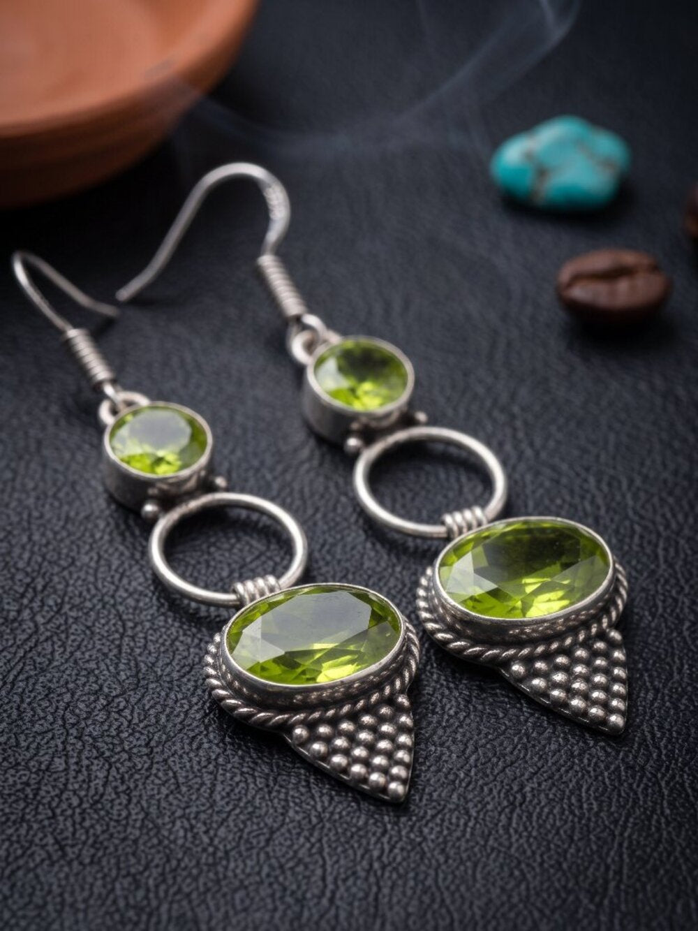925 Sterling Silver Genuine Peridot Artisan Dangle Earrings Green Drop 2.5" - NeoKira Unlimited