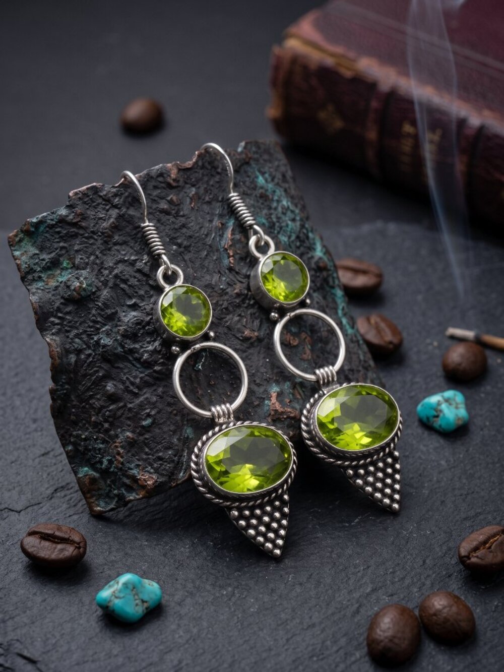 925 Sterling Silver Genuine Peridot Artisan Dangle Earrings Green Drop 2.5" - NeoKira Unlimited