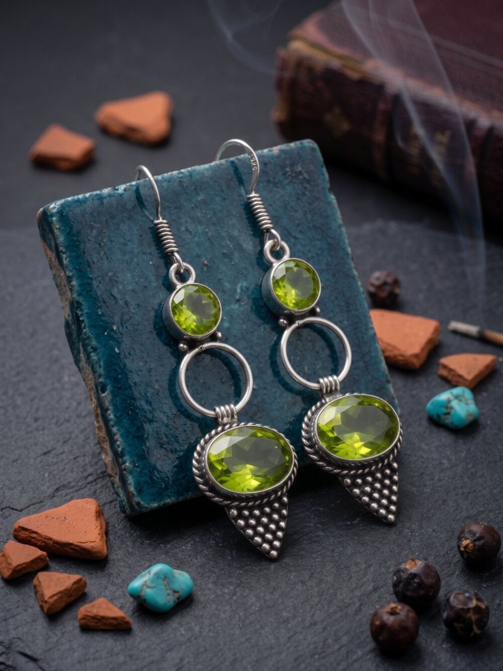 925 Sterling Silver Genuine Peridot Artisan Dangle Earrings Green Drop 2.5" - NeoKira Unlimited