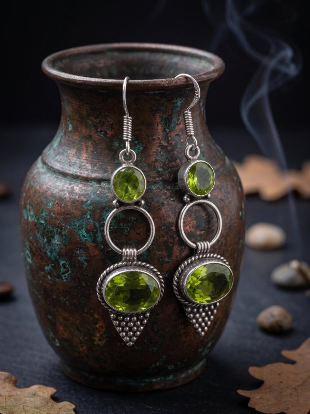925 Sterling Silver Genuine Peridot Artisan Dangle Earrings Green Drop 2.5" - NeoKira Unlimited
