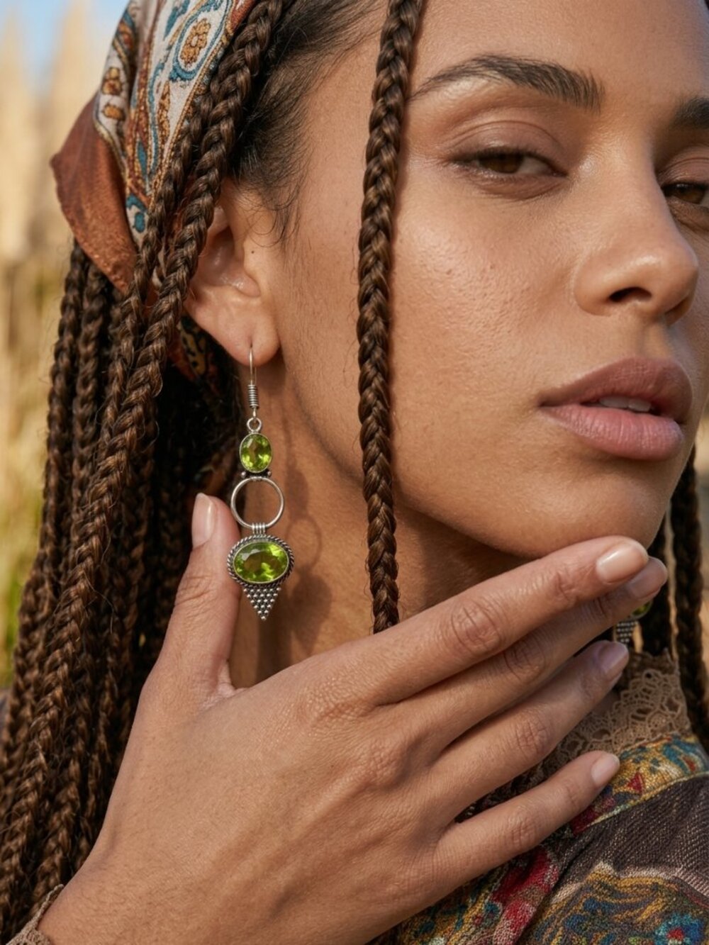 925 Sterling Silver Genuine Peridot Artisan Dangle Earrings Green Drop 2.5" - NeoKira Unlimited
