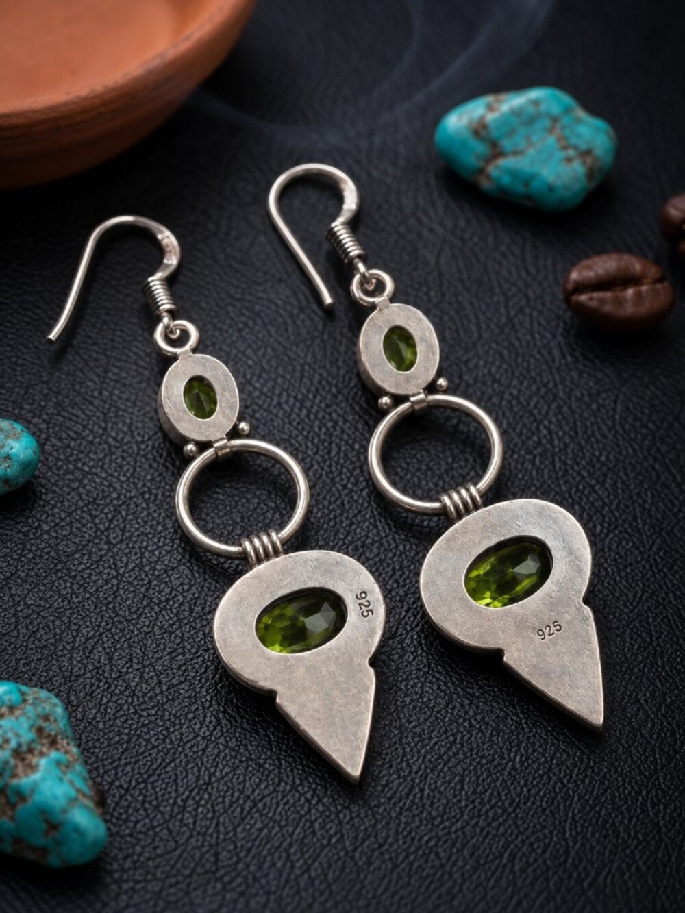 925 Sterling Silver Genuine Peridot Artisan Dangle Earrings Green Drop 2.5" - NeoKira Unlimited