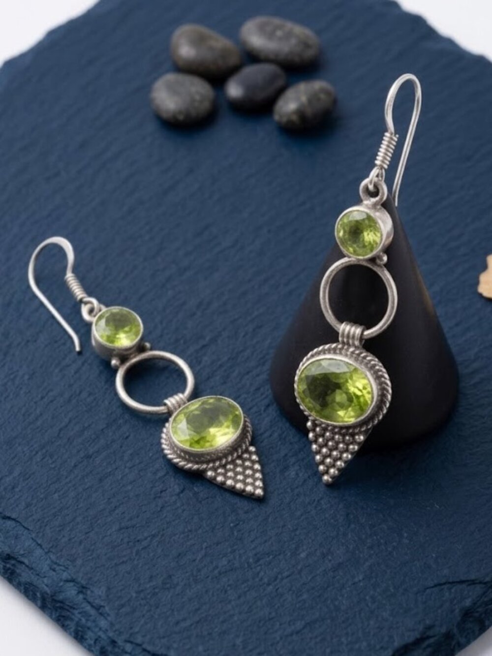 925 Sterling Silver Genuine Peridot Artisan Dangle Earrings Green Drop 2.5" - NeoKira Unlimited
