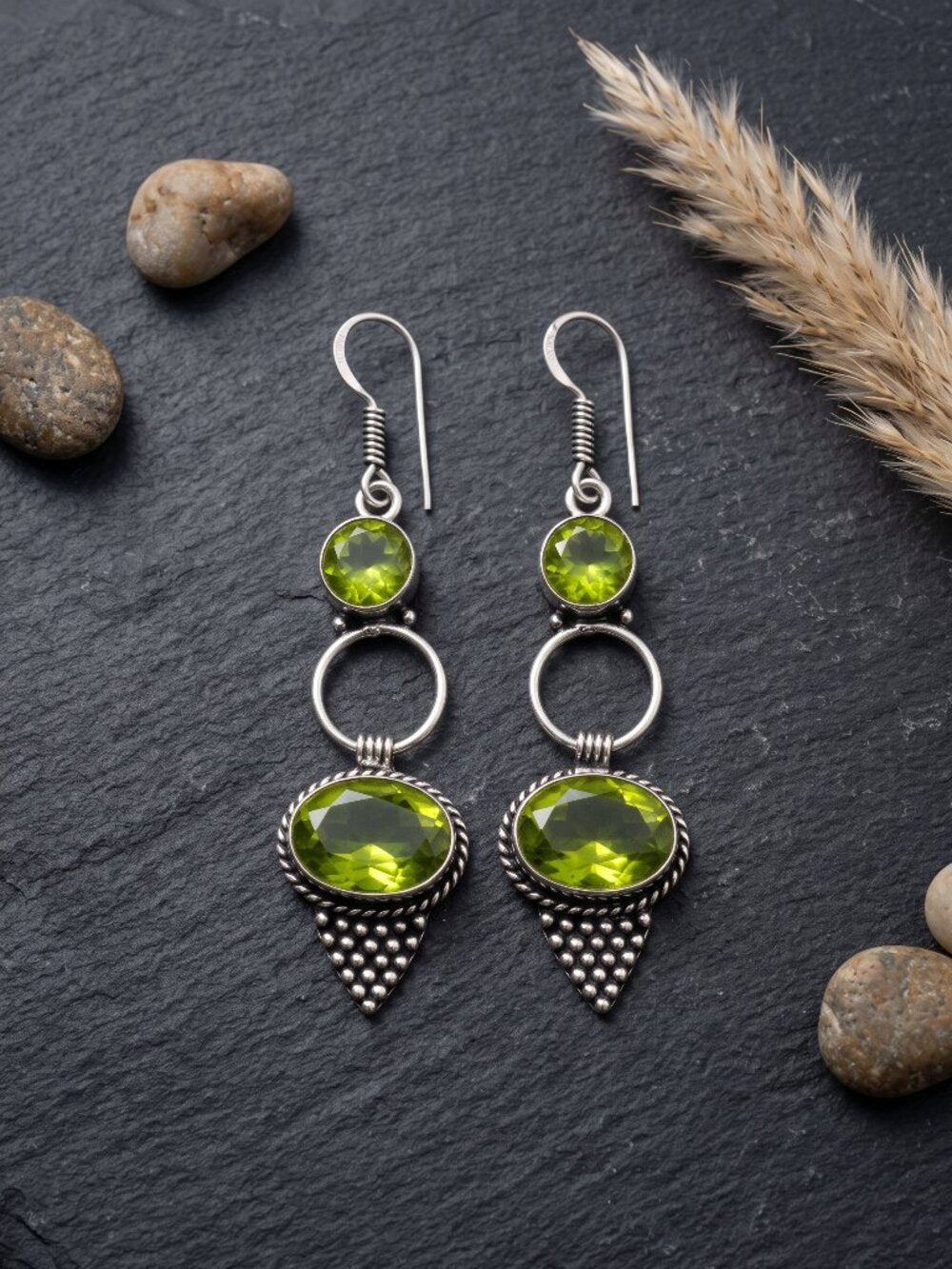 925 Sterling Silver Genuine Peridot Artisan Dangle Earrings Green Drop 2.5" - NeoKira Unlimited