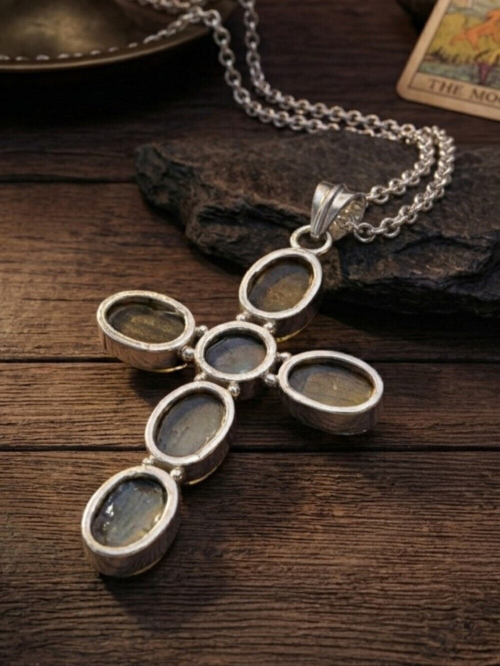 Cross Pendant Necklace Genuine Labradorite Silver Plated Whimsigoth Gothic Boho - NeoKira Unlimited