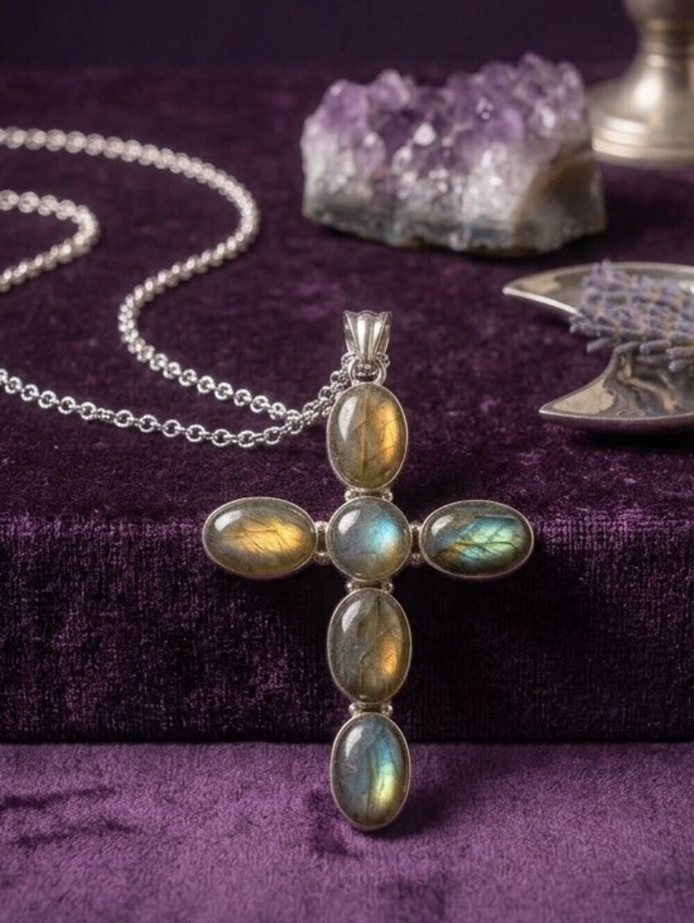 Cross Pendant Necklace Genuine Labradorite Silver Plated Whimsigoth Gothic Boho - NeoKira Unlimited