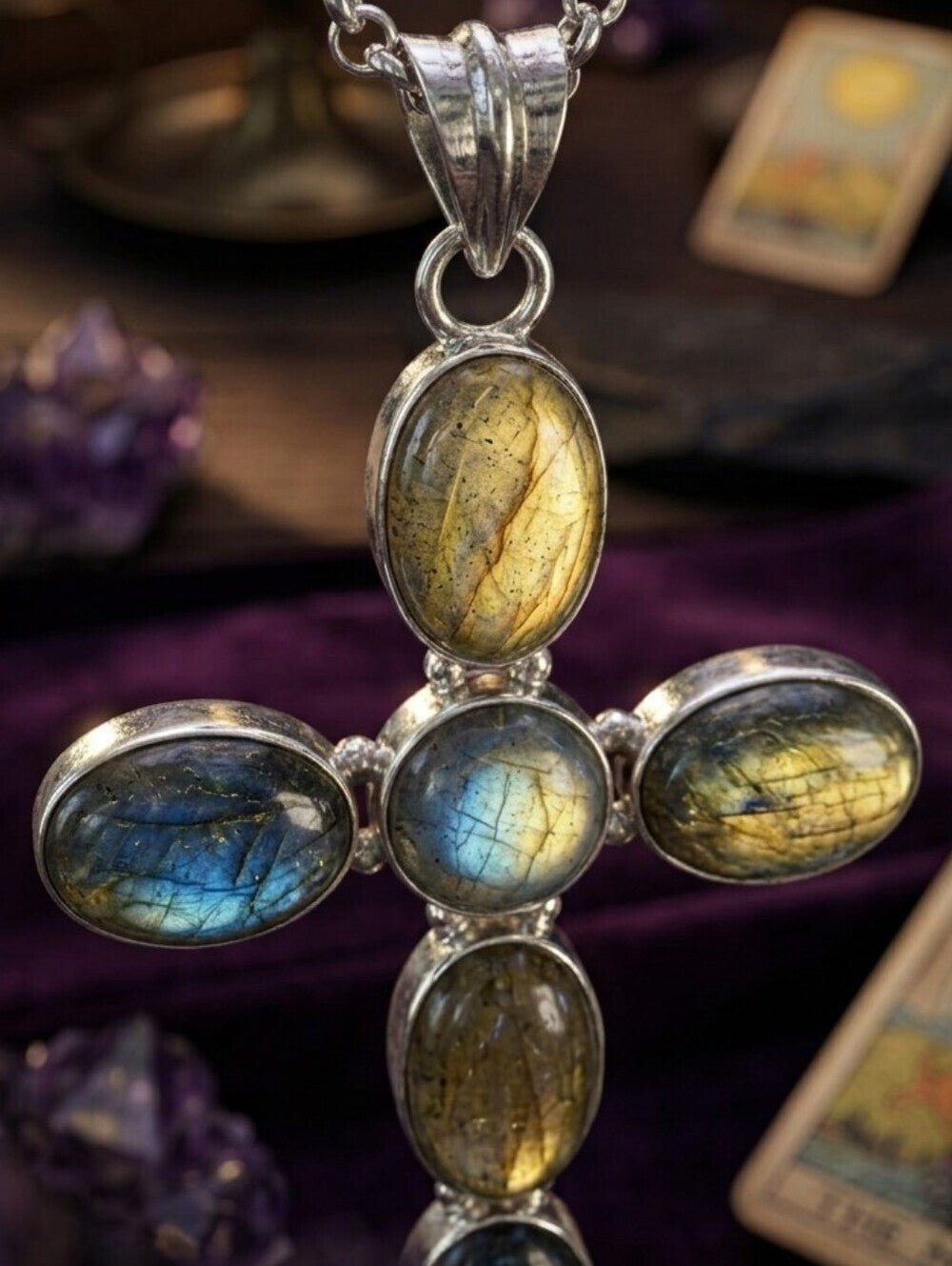 Cross Pendant Necklace Genuine Labradorite Silver Plated Whimsigoth Gothic Boho - NeoKira Unlimited