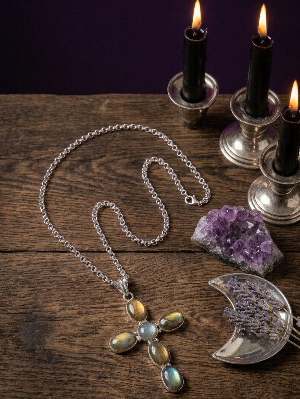 Cross Pendant Necklace Genuine Labradorite Silver Plated Whimsigoth Gothic Boho - NeoKira Unlimited