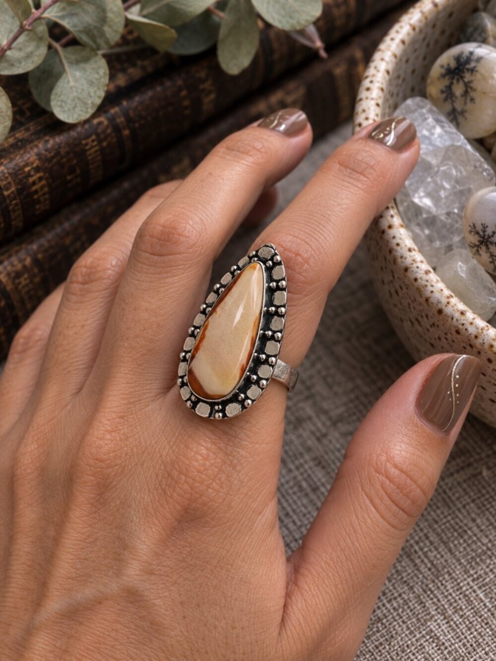 925 Sterling Silver Coconut Jasper Teardrop Cabochon Southwestern Ring Sz 6.75 - NeoKira Unlimited