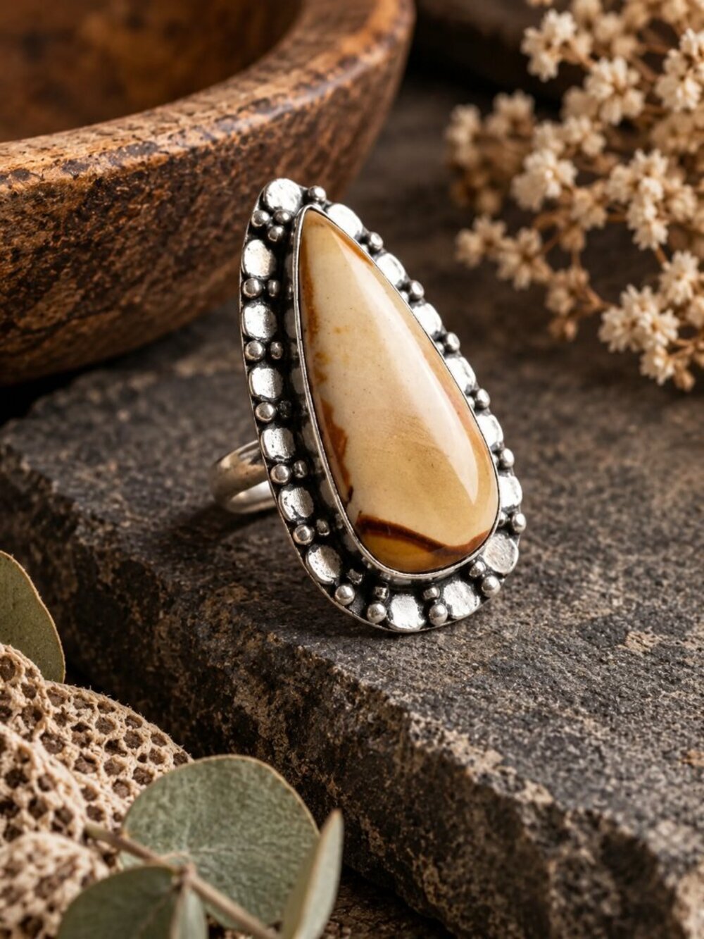 925 Sterling Silver Coconut Jasper Teardrop Cabochon Southwestern Ring Sz 6.75 - NeoKira Unlimited