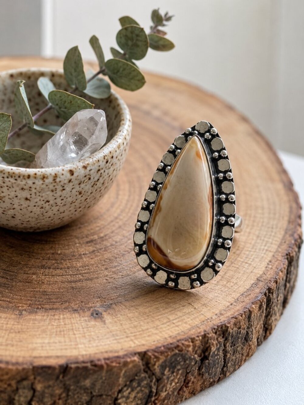 925 Sterling Silver Coconut Jasper Teardrop Cabochon Southwestern Ring Sz 6.75 - NeoKira Unlimited