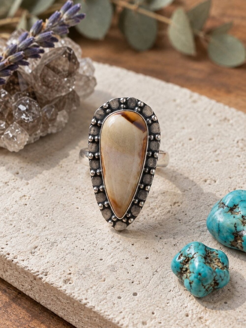 925 Sterling Silver Coconut Jasper Teardrop Cabochon Southwestern Ring Sz 6.75 - NeoKira Unlimited