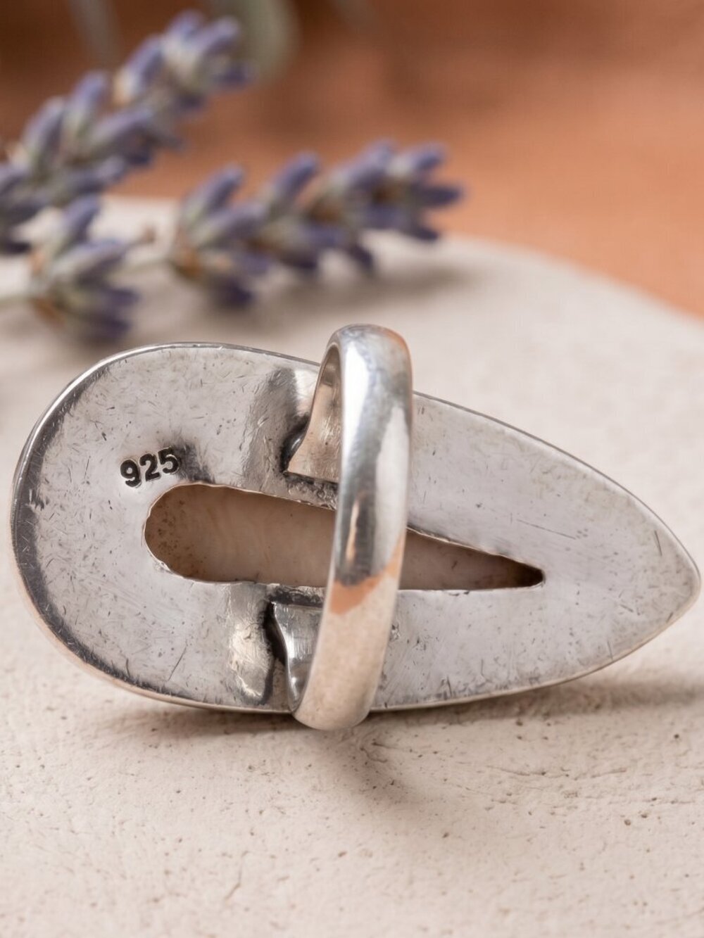 925 Sterling Silver Coconut Jasper Teardrop Cabochon Southwestern Ring Sz 6.75 - NeoKira Unlimited
