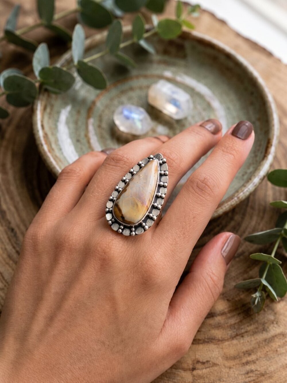 925 Sterling Silver Coconut Jasper Teardrop Cabochon Southwestern Ring Sz 6.75 - NeoKira Unlimited
