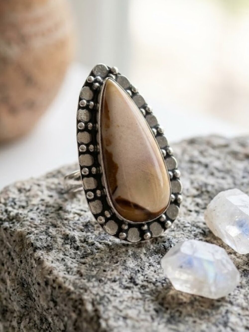 925 Sterling Silver Coconut Jasper Teardrop Cabochon Southwestern Ring Sz 6.75 - NeoKira Unlimited