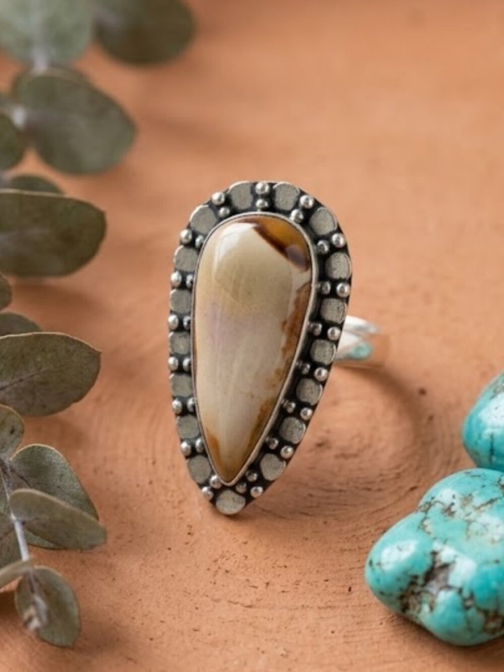 925 Sterling Silver Coconut Jasper Teardrop Cabochon Southwestern Ring Sz 6.75 - NeoKira Unlimited