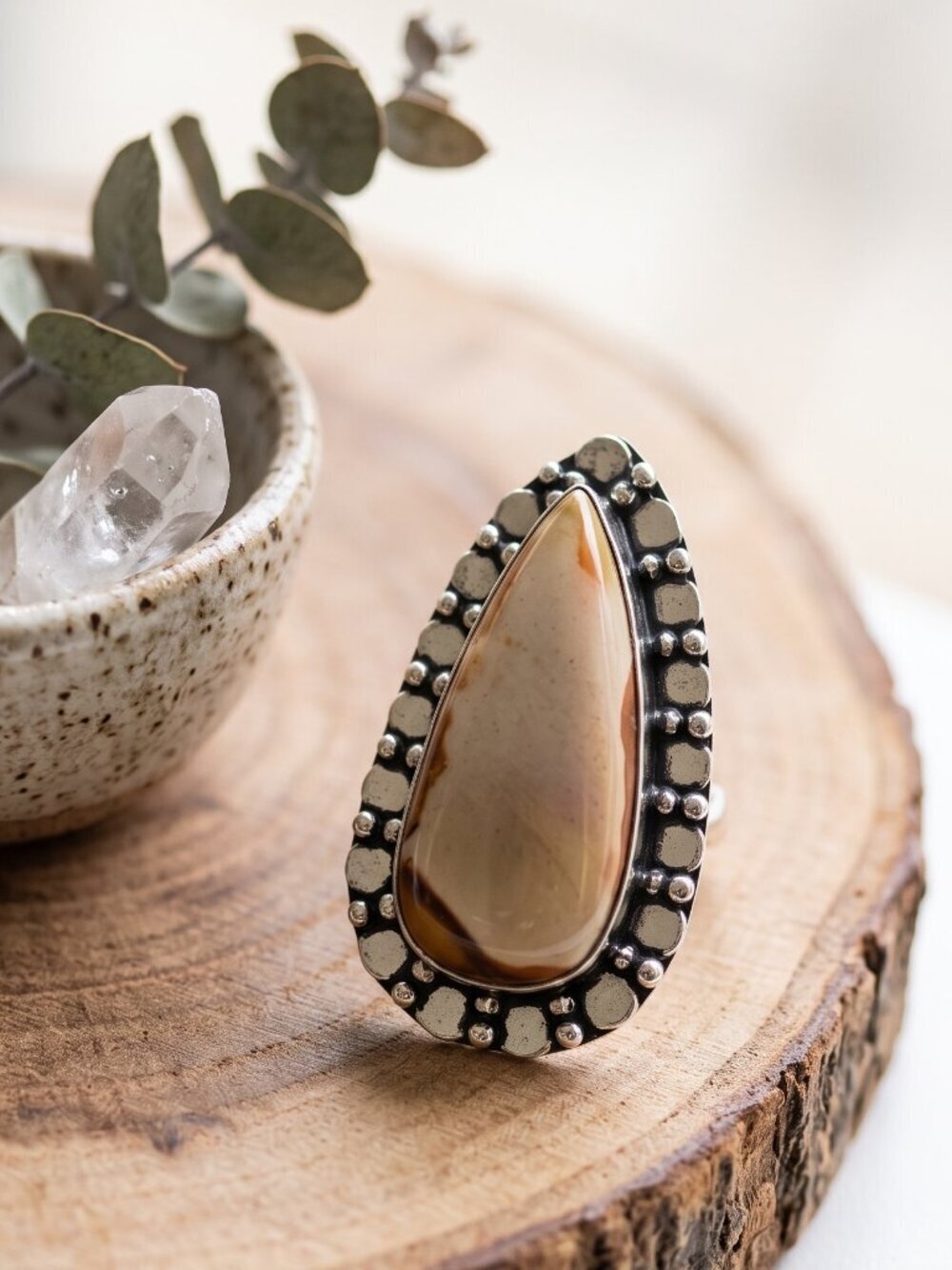 925 Sterling Silver Coconut Jasper Teardrop Cabochon Southwestern Ring Sz 6.75 - NeoKira Unlimited