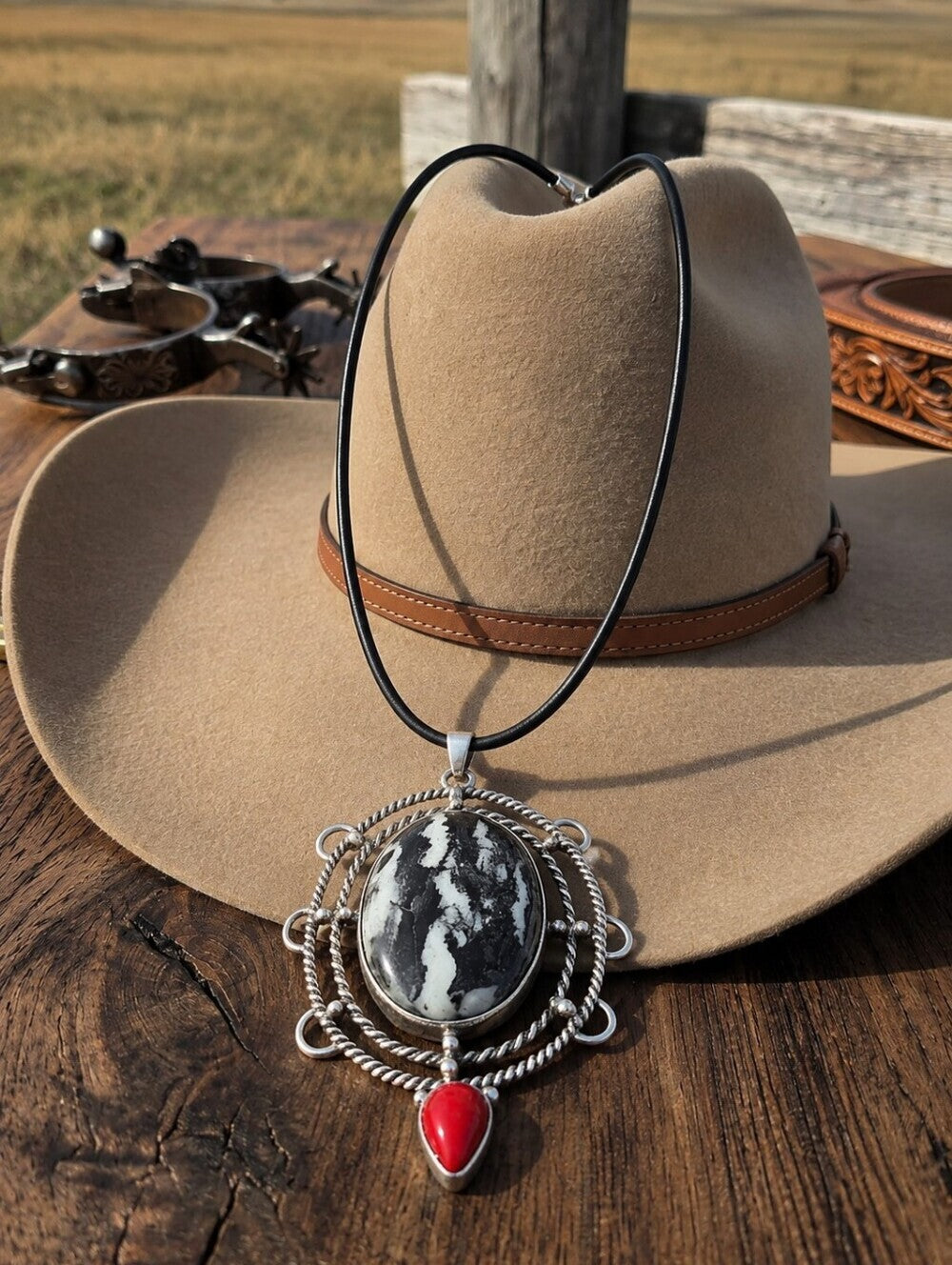 925 Sterling White Buffalo Turquoise Red Coral Western Pendant Necklace 18"