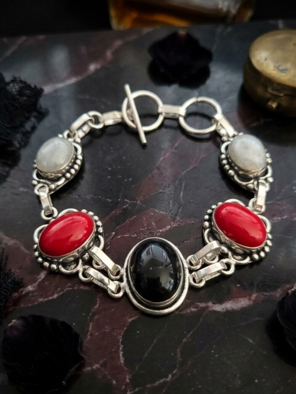 Sterling Silver Bracelet Black Onyx Red Coral Moonstone 925 Artisan Toggle 7" - NeoKira Unlimited