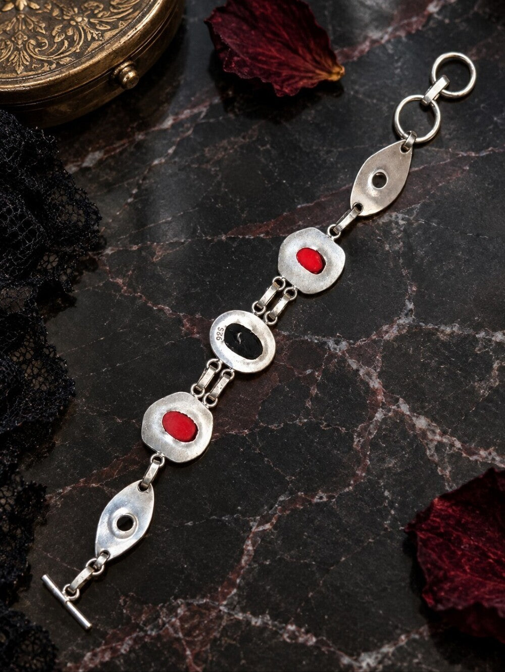 Sterling Silver Bracelet Black Onyx Red Coral Moonstone 925 Artisan Toggle 7" - NeoKira Unlimited