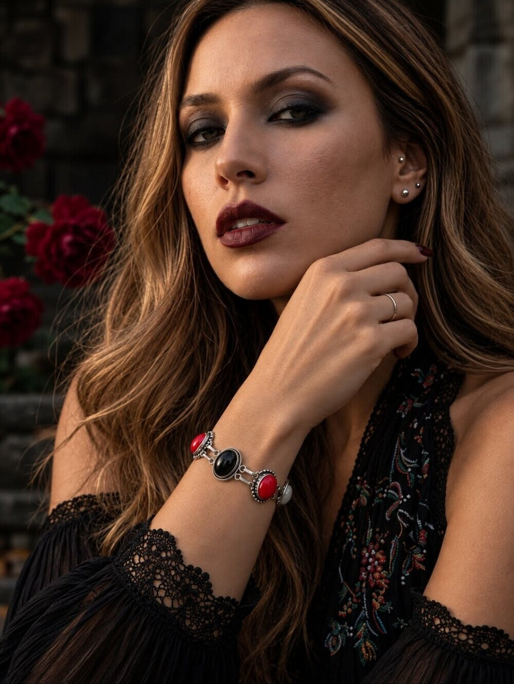 Sterling Silver Bracelet Black Onyx Red Coral Moonstone 925 Artisan Toggle 7" - NeoKira Unlimited