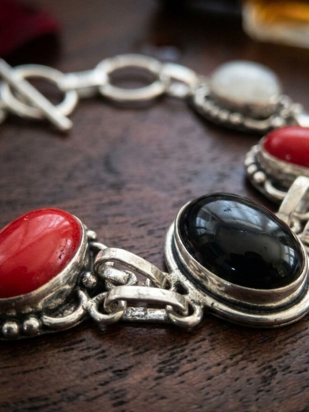 Sterling Silver Bracelet Black Onyx Red Coral Moonstone 925 Artisan Toggle 7" - NeoKira Unlimited