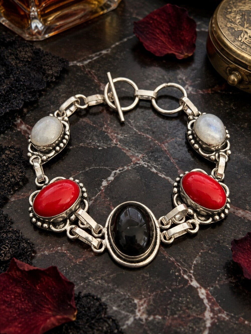 Sterling Silver Bracelet Black Onyx Red Coral Moonstone 925 Artisan Toggle 7" - NeoKira Unlimited