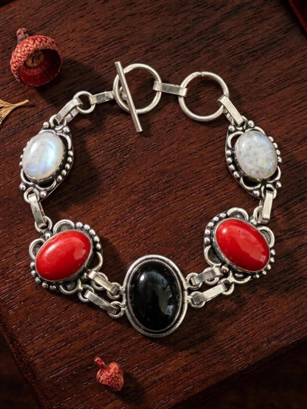 Sterling Silver Bracelet Black Onyx Red Coral Moonstone 925 Artisan Toggle 7" - NeoKira Unlimited