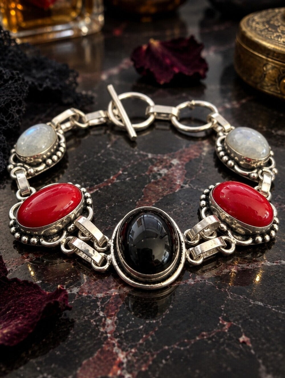 Sterling Silver Bracelet Black Onyx Red Coral Moonstone 925 Artisan Toggle 7" - NeoKira Unlimited