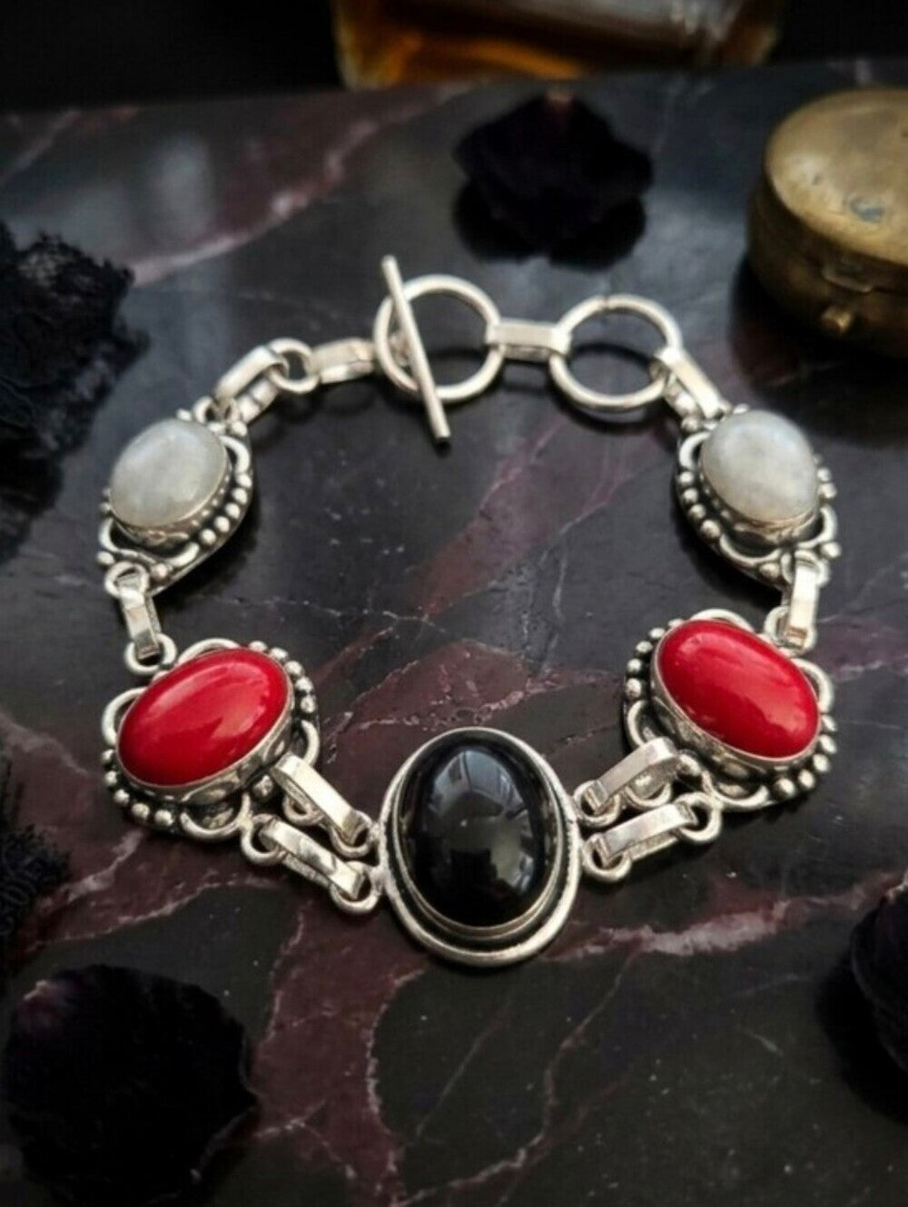 Sterling Silver Bracelet Black Onyx Red Coral Moonstone 925 Artisan Toggle 7" - NeoKira Unlimited