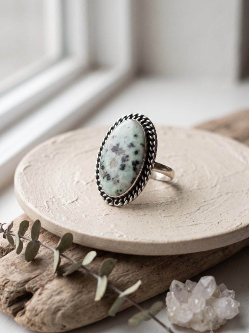 925 Sterling Silver Genuine Kiwi Jasper Ring Artisan Boho Statement Oval Sz 9 - NeoKira Unlimited