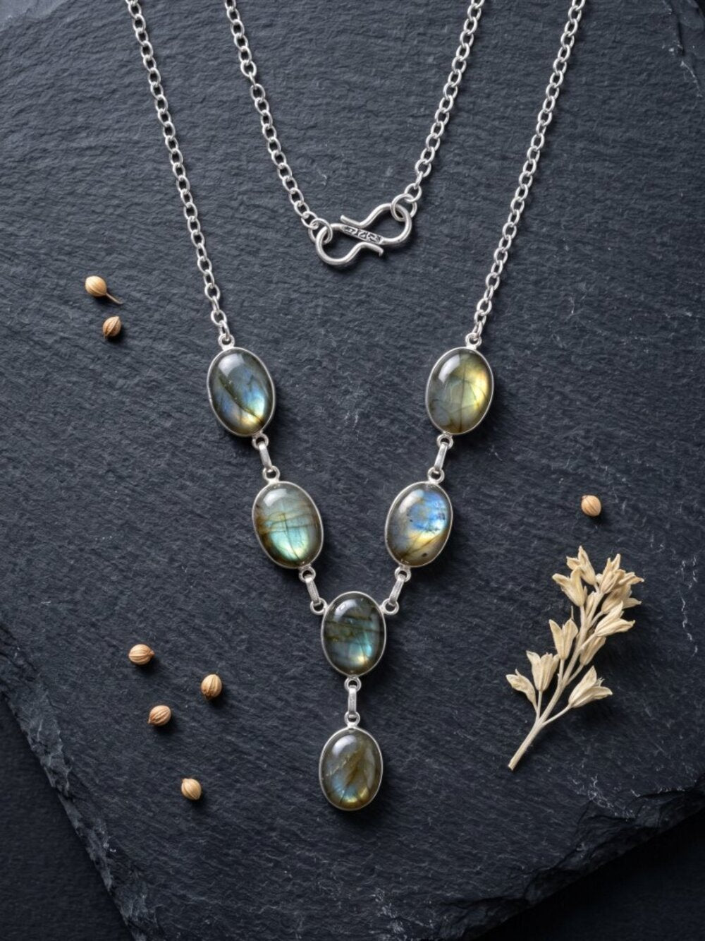 Labradorite 925 Sterling Silver Lariat Y Necklace Blue Green Flash Artisan 19"